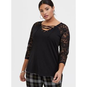 TORRID Slub V-Neck Lace-Up Lace Sleeve Top
